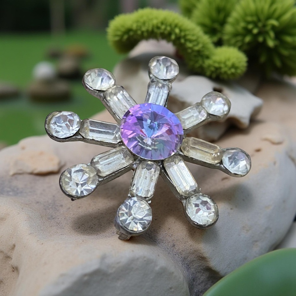 Vintage Purple and Silver Crystal Floral Brooch